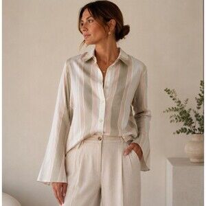 Becken NY Cotton Stripe Button Up Shirt Neutral Minimalist Quiet Luxury Size 6